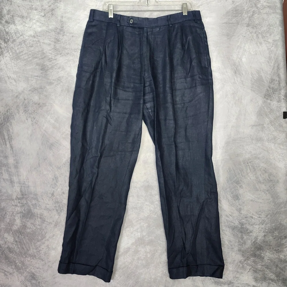 Brooks Brothers 100% Irish Linen Pleated Cuff High Waist Pants 35x30 Navy Blue